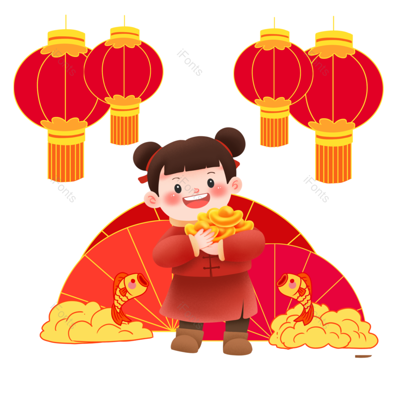 卡通图片,锦鲤元素,灯笼PNG,小女孩免抠素材